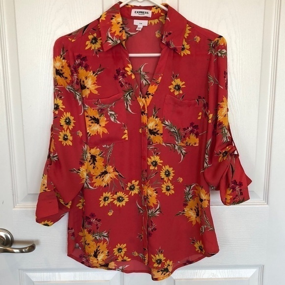 EXPRESS Portofino coral pink sunflower print blouse with tab sleeve option - Picture 2 of 9